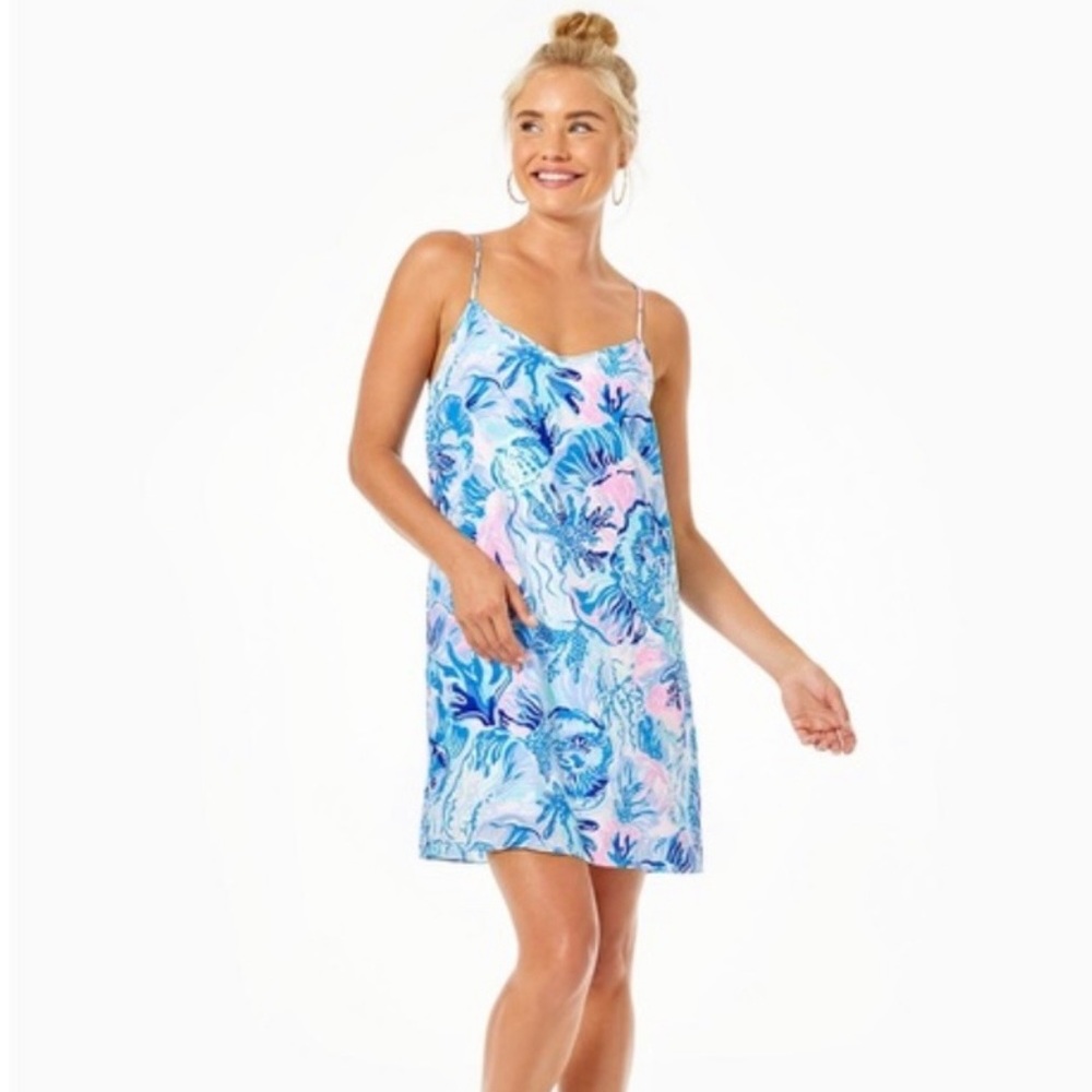 Lilly Pulitzer DUSK STRAPPY SILK SLIP DRESS Saltwater Blue Shade Seekers size M